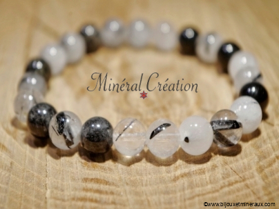 Bracelet quartz inclusions tourmaline noire perle 8 mm